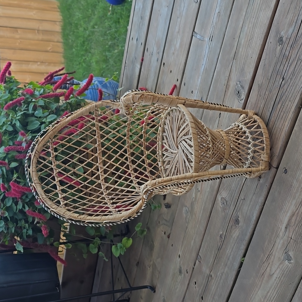 Vintage Wicker Fan Back Rattan Doll Chair Plant Stand Boho